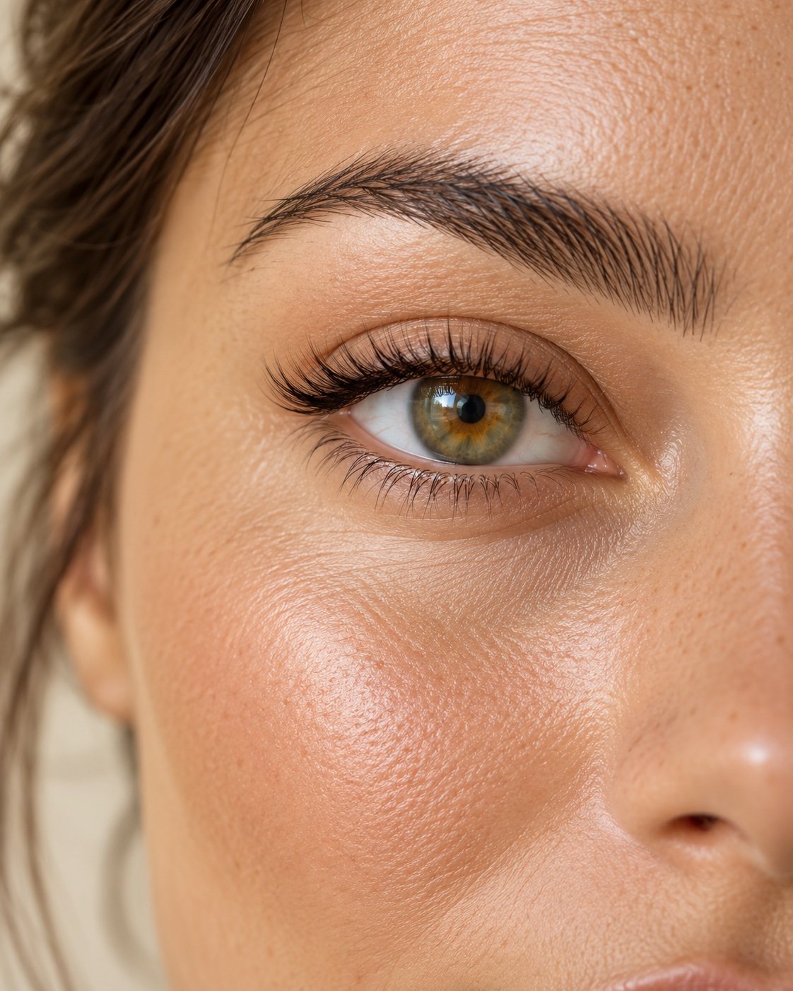 Editorial close-up of natural curled lashes and a groomed brow