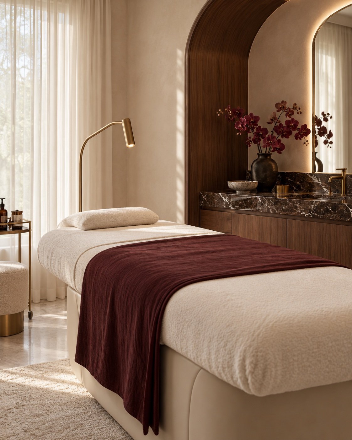Warm ivory treatment room with burgundy linen and brass details